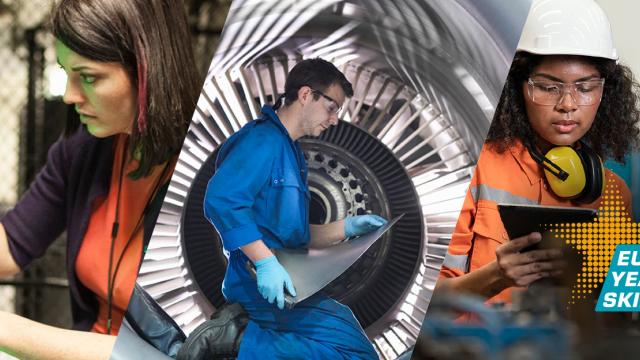 Three photos with a diagonal slant. Photo one is a woman working on an server. Photo two is a man working in a turbine. Photo 3 is a woman and man discussing something. EU flag in bottom left corner. European Year of Skills logo in bottom right corner
