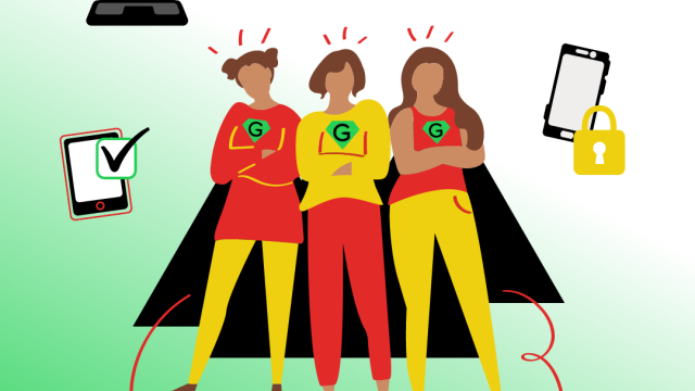 three cartoon superheroes with a pc and a smartphone
