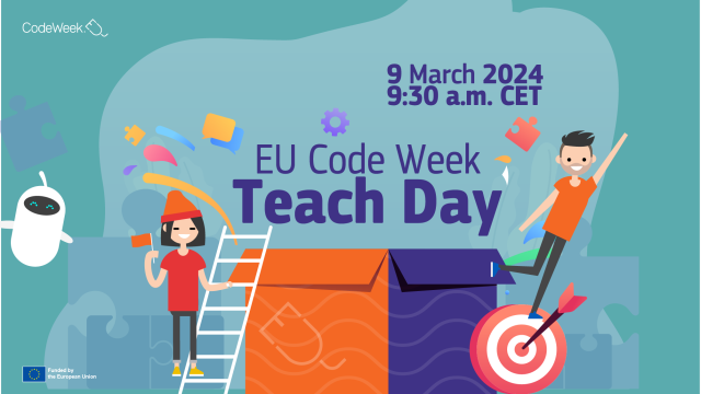 immagine decorativa con testo &quot;9 marzo 2024, ore 9: 30 CET, giornata della settimana UE della programmazione&quot; © EU Code Week