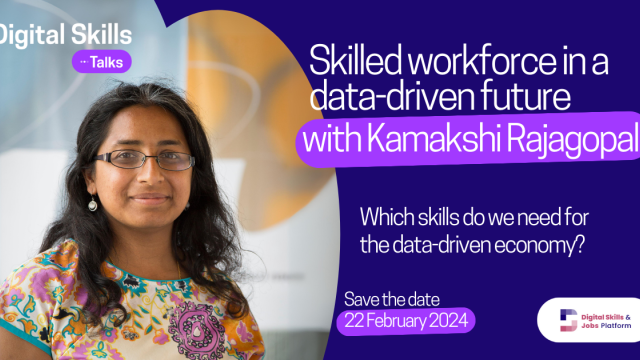 decorative image with picture of the speaker and text Skilled Workforce in a data-driven future with Kamakshi Rajagopal, Which skills do we need for the data-driven economy?, Save the date: 22 February 2024''