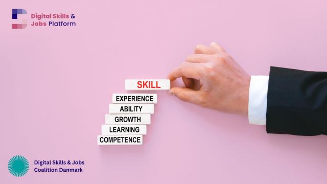 An image on pink background of a hand, which stacks words on top of one another, with the logos of the Digital Skills & Jobs Platform and the Danish National Coalition for Digital Skills and Jobs