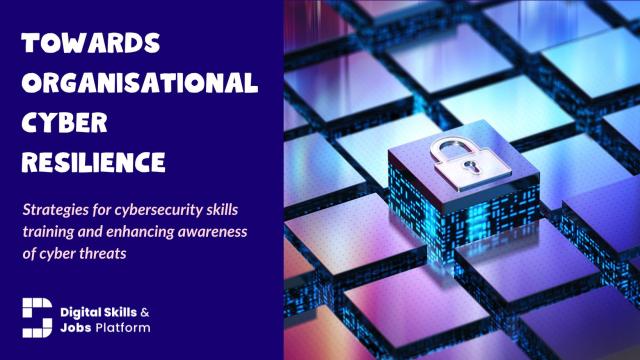An image of a digital lock with squares, on a blue background, with text. Text reads: "Towards organisational cyber resilience: strategies for cybersecurity skills training and enhancing awareness of cyber threats"
