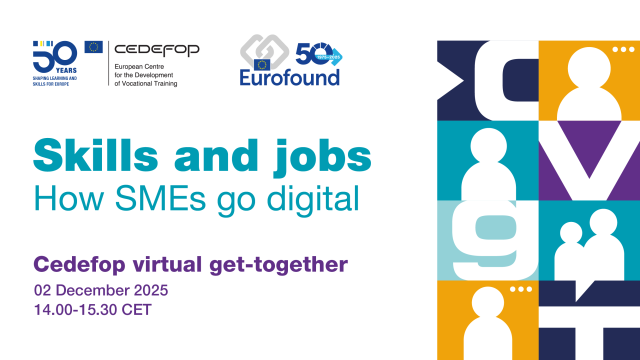 An event poster for Cedefop and Eurofound event on white background with blue and purple text. Text reads: "Skills and Jobs: how SMEs go digital"