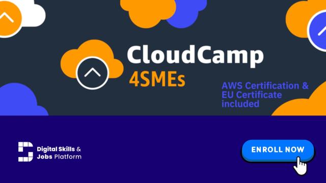 A blue banner with the DSJP logo, an image with the logo of CloudCamp4SMEs and a button with text "Enrol now". 