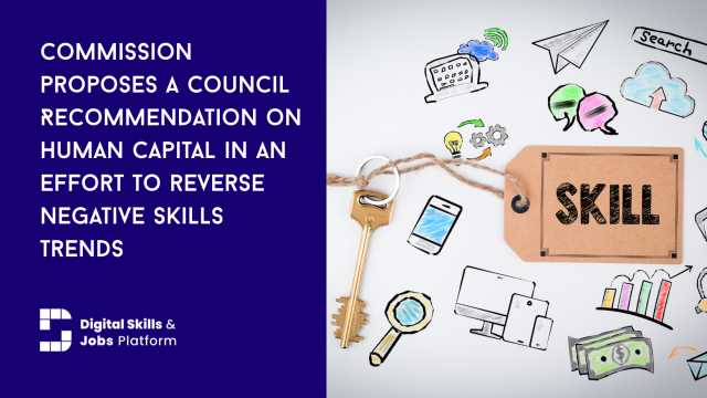 A drawing of a label with the word "skills" written on it on blue background, with text. Text reads: "Commission proposes a Council Recommendation on Human Capital in an effort to reverse negative skills trends"