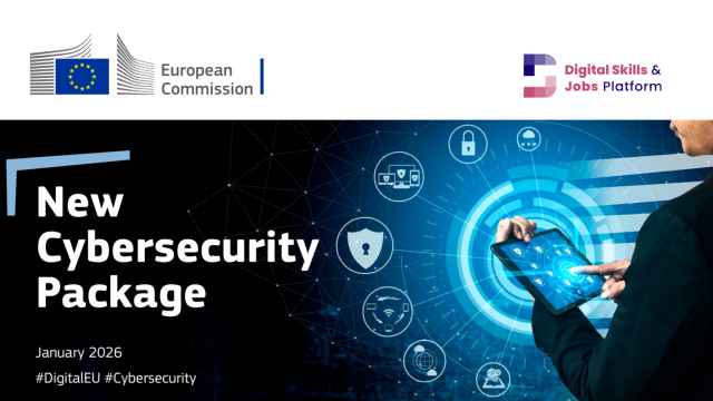 An black image of a man working with digital technologies, with the logos of the European Commission and the Digital Skills & Jobs Platform, with text. Text reads: "New Cybersecurity Package"