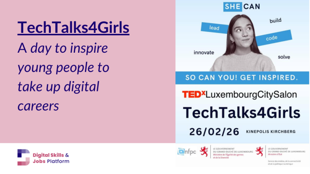 An image of the event poster for TechTalks for Girls, on light pink background, with text. Text reads: "TechTalks4Girls: a day to inspire young people to embark on digital careers"
