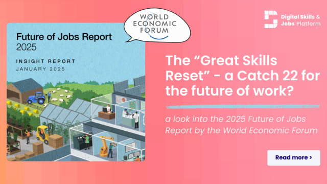 An image of the World Economic Forum's 2025 Future of Jobs report's cover on pink-orange (salmon) background, with white text. Text reads: ""The Great Skills Reset" in WEF's Future of Jobs Report 2025: a Catch-22 for the future of work? "