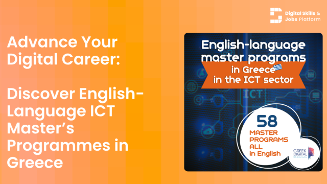 An image with text, on orange background. Text reads: Advance Your Digital Career: Discover English-Language ICT Master’s Programmes in Greece