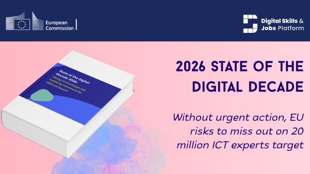 An illustration of a report book on pink background, with text. Text reads: "State of the Digital Decade 2026: without urgent action, EU risks to miss out on 20 million ICT experts target".
