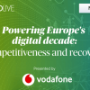 Banner image in a green gradient of a network and people along the network. Information on it includes: Politico Live, March 30, Powering Europe's digital decade: competitiveness and recovery. The logo of the sponsor, Vodafone, is at the bottom of the banner