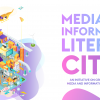 Banner image with an illustration of a city in pastel colours and text to the right reading media and information literate cities