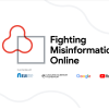 Image with light grey squiggly lines in the top right and bottom left corner. Red squiggle overlaid a grey square. Text reads "Fighting Misinformation Online" and "in partnership with". The EUI logo, Calouste Gulbenkian, Google, and YouTube logos are displayed in a line below.