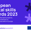 European Digital Skills Awards 2023 and cartoon stars - plus the logo of the EU and that of the Digital Skills and Jobs Platform