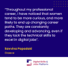 An image of Savvina Papadaki, Senior Digital Policy Manager at Samsung. Blue background with text. Text readsL Throughout my professional career, I have noticed that women tend to be more curious, and more likely to change career paths. They are constantly developing and advancing, even if they lack the technical skills to excel in digital jobs. 
