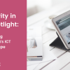 An image of a laptop on a table with pink background on the left side, with white text. Text reads: "Gender diversity in the Spotlight: Decoding Slovenia's ICT landscape"