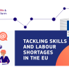 A banner with the logo of the European Commission and the DSJP. On the left side, an illustration with people working with the internet. On the right side, a blue-white banner with text. Text reads: "Tackling skills shortages in the EU"