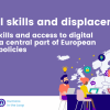 A purple banner with an illustration of a group of people. Text on the left reads: "Digital skills and displacement: digital skills and access to digital work as a central part of European refugee policies