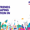 An illustration of school objects on a white background with dark blue text. Text reads: What are the trends shaping education in 2025?