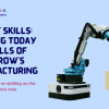 An illustration of a manufacturing robot, on light-blue background, with text. Text reads: REBOOT Skills: building today the skills of tomorrow’s manufacturing, Up-skilling and re-skilling as the engine of Europe’s new manufacturing