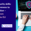 An image of hands typing on a laptop with blue background, with text. Text reads: "Cybersecurity skills: from awareness to collaboration – lessons from CyberHubs EU" 