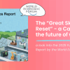 An image of the World Economic Forum's 2025 Future of Jobs report's cover on pink-orange (salmon) background, with white text. Text reads: ""The Great Skills Reset" in WEF's Future of Jobs Report 2025: a Catch-22 for the future of work? "