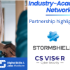 A woman is shaking hands with another person. In the background are the European Union logo and the Digital Skills and Jobs Platform logo. At the bottom, text reads “Industry-Academia Network | Partnership Highlight.” Logos of CS Visor and Stormshield appear alongside the badge of the Cyberskills Academy Partnership. The image represents the collaboration between academia and industry to deliver cybersecurity training and certification. 