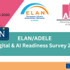 Banner for the ELAN/ADELE Digital & AI Readiness Survey 2.0, with logos of Public Libraries 2030, ELAN and ADELE