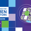 Blue and purple graphic showing women and the practical details of the info session