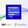 'European AI Innovation Month' is written in a blue square in the centre of the image. Flowing digital-adjacent visuals are in the background in green and purple.