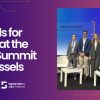 A photo of the AISHA consortium at the EDIH summit in Brussels on purple-pinkish background, with white text. Text reads: "AI skills for SMEs at the EDIH Summit in Brussels".