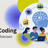 Graphic titled “Civic Coding – Strengthening AI Skills,” showing diverse people around a laptop and an AI head surrounded by icons for education, society, ethics, security, and growth.