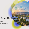 Circular smart city graphic featuring a digitally connected urban landscape, a river, a bridge and a solar power plant. Icons represent mobility, administration, the environment, society and digital infrastructure.