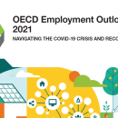 Cover of the OECD report with a cartoon landscape and cartoon figures working in different settings