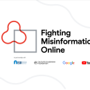 Image with light grey squiggly lines in the top right and bottom left corner. Red squiggle overlaid a grey square. Text reads "Fighting Misinformation Online" and "in partnership with". The EUI logo, Calouste Gulbenkian, Google, and YouTube logos are displayed in a line below.