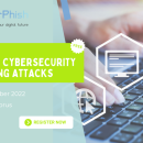 Photo of hands on a laptop keyboard with a light blue and green overlay and icons of computers, locks and the internet. Text states "workshop: cybersecurity and phishing attacks, 15th of October 2022, Nicosia Cyprus, register now"