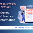 Dark blue to light blue gradient background. Text reads "Connect University Online Session Strengthened Code of Practice on Disinformation" Connect University logo in bottom left corner over a white band. "26 January 2023 10:00 - 11:30" in bottom right corner. Drawing of a phone with "fake news" on the screen with a woman in front of it.