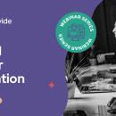 Black and white photo on the right of a woman smiling while working on a laptop with a woman behind her and a man in front looking at her. Purple background on the left with text reading "Webinar series: Unwrapping the digital divide Session 2 Shaping digital skills for labour market orientation". Teal circle in the middle with webinar series and a drawing of a computer and a person speaking.