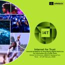 Fluo green square with white half circle on left filled with photos of people speaking and holding phones with white outlines. Circle on right with shapes shaded in light to dark gradient with "i4T" written. Text below: Internet for Trust Towards Guidelines for Regulating Digital Platforms for Information as a Public Good Global Conference, UNESCO headquarters Paris - 21-23 February 2023