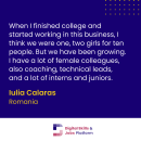 A quote by Iulia Calaras, a technical lead in Romania that explains the changes in the ICT field and the growing number of women working in it.. The quote is accompanied by a photo of Iulia