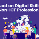  Decorative image with illustration of Europe map and people working in front of it. Banner states: Squad on Digital Skills in Non-ICT Professions