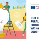 A banner with the title of the article "Rural Digital Futures" and a cartoon image of a man on top of a light bulb. Image taken from the Rural Toolkit, European Commission.