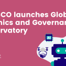 decorative image with picture of robot and text UNESCO launches Global AI Ethics and Governance Observatory