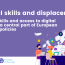 A purple banner with an illustration of a group of people. Text on the left reads: "Digital skills and displacement: digital skills and access to digital work as a central part of European refugee policies