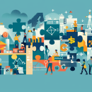 A vector illustration resembling a puzzle of people working with technology on light blue background. 