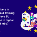 Education and policymakers Digital Brief banner, blue background with text and people illustration with EU stars 