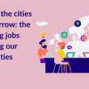 Smart Cities_Deep_Dive Banner with pink background and people in front of a digital map. 