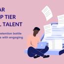 A pink cover banner with an illustration of a man working on several activities at the same time on a laptop and text. Text reads: 'The war for top tier digital talent: winning the retention battle for ICT experts through engaging eLearning'. 