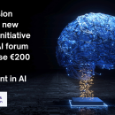 Image of an artificial brain on a black background, with white text. Text reads: Commission launches new InvestAI initiative to mobilise €200 billion of investment in AI