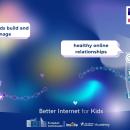 BIC MOOC announcement poster: 2 people, whose heads are coming out through computer screens and 2 speech bubbles, with text. Text reads: "helping children build and maintain" and "healthier relationships online".